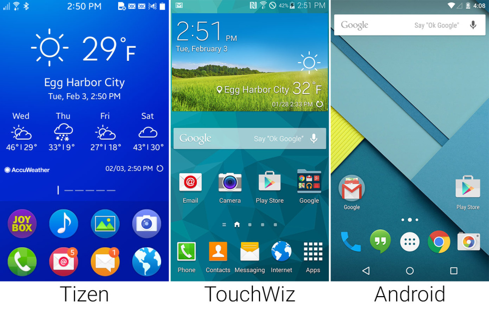 Porovnání vzhledů Tizenu, TouchWizu a Androidu