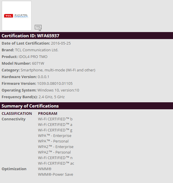 Alcatel Idol Pro 4 Wi-Fi certifikace