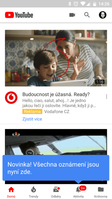 Youtube mění sekci Sdílení na Aktivity