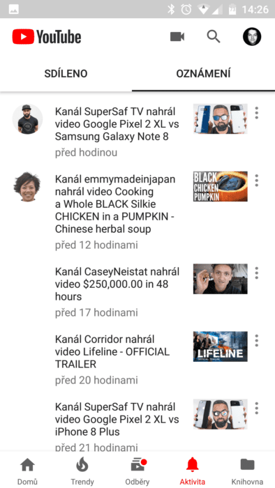 Youtube mění sekci Sdílení na Aktivity