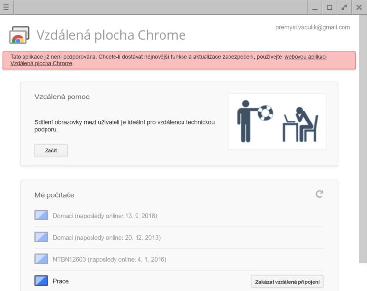 Desktopová aplikace Vzdálená plocha Chrome končí