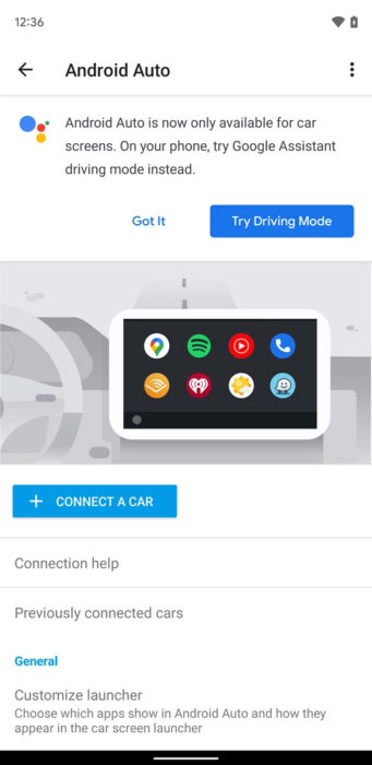 Android Auto for Phone Screens deprecation 584x1200x