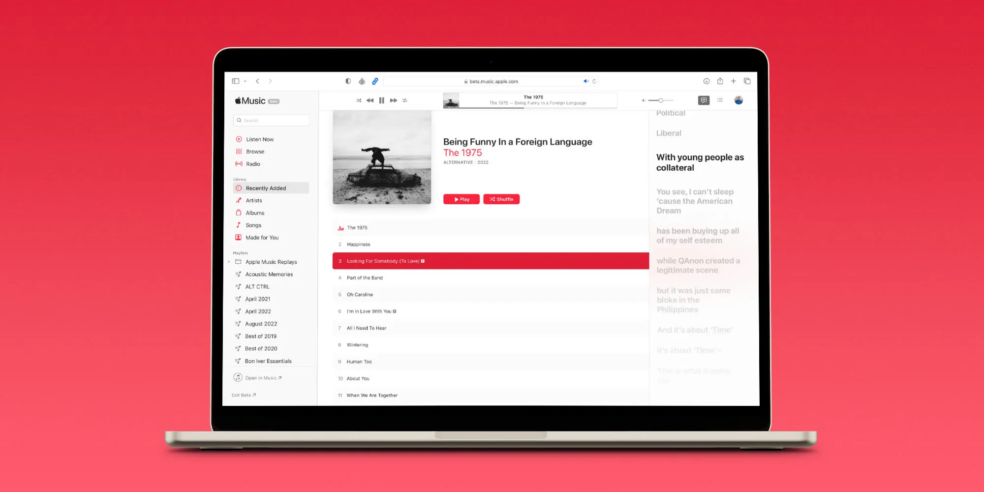 Webová beta verze Apple Music získává novou funkci živých textů písní