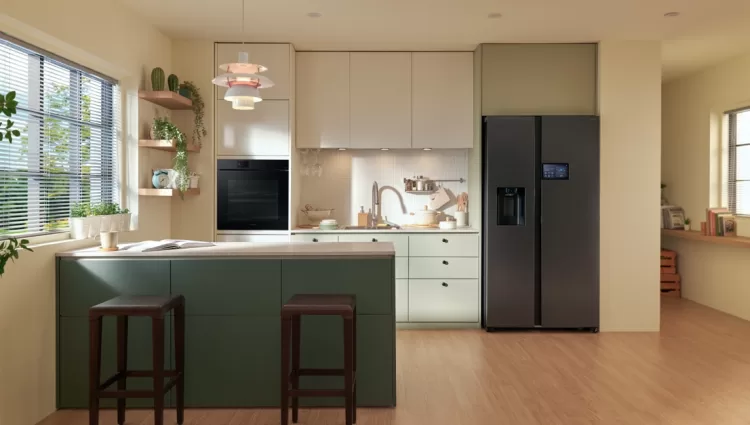 A kitchen with a black refrigerator AI-generated content may be incorrect.