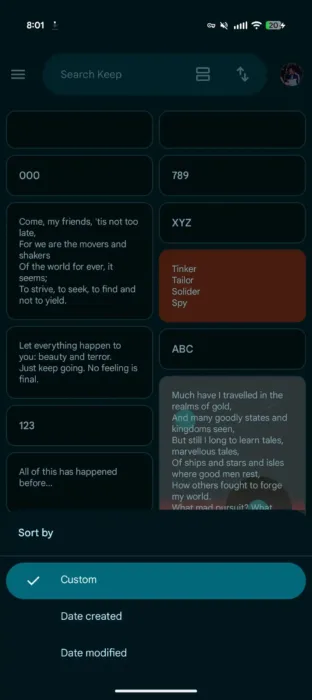Google Keep sort Android 1 1080x2424x