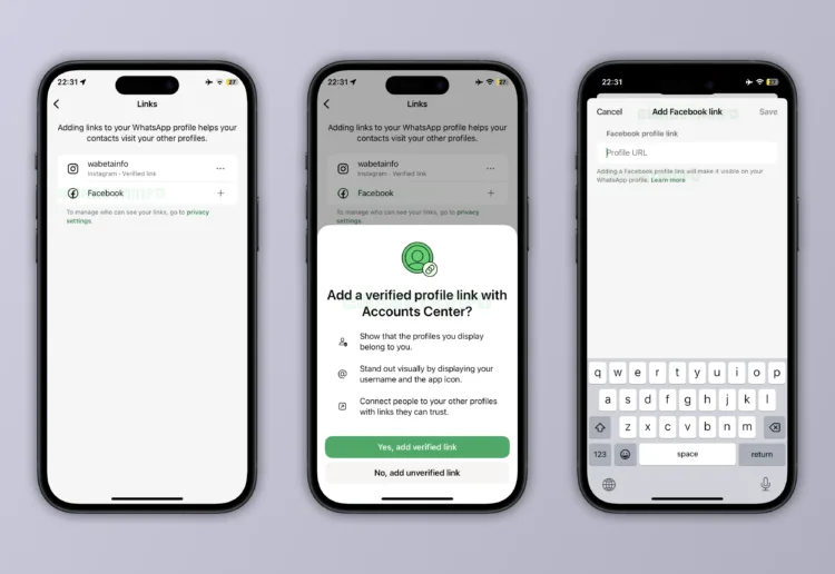 WA ADD FACEBOOK PROFILE LINK PROFILE PAGE FEATURE IOS 3502x2410x