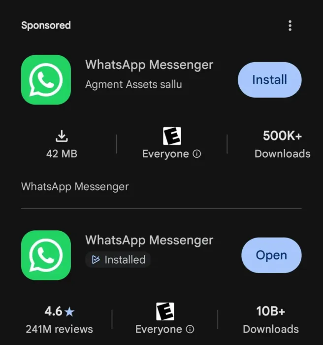 Fake Sponsored Whatsapp Dupe Has 500K Downloads And Appears V0 M31Sfulwhovh1