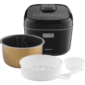 The image shows a black rice cooker with a golden lid, a white bowl, a spoon, and a measuring cup, all placed on a white background.Obsah generovaný pomocí AI může být nesprávný.