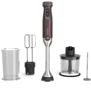 The image shows a kitchen appliance, specifically a SENCOR blender, with its various components including the base, blender jar, lid, and blade assembly.Obsah generovaný pomocí AI může být nesprávný.
