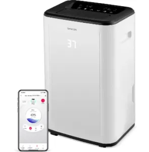 The image shows a SENCOR 37 dehumidifier, featuring a digital display with settings for fan mode, sleep mode, and humidity levels.Obsah generovaný pomocí AI může být nesprávný.
