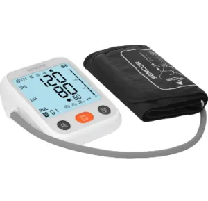 The image shows a SENCOR blood pressure monitor, featuring a display that shows systolic and diastolic readings, along with a strap for wearing on the upper arm.Obsah generovaný pomocí AI může být nesprávný.