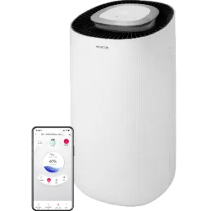The image shows a white SONICOR 15S400 Dehumidifier with a connected smartphone displaying the device's power status and energy consumption.Obsah generovaný pomocí AI může být nesprávný.